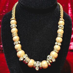 Vintage Signed Givenchy Faux Pearl Crystal Station Necklace Gold Tone